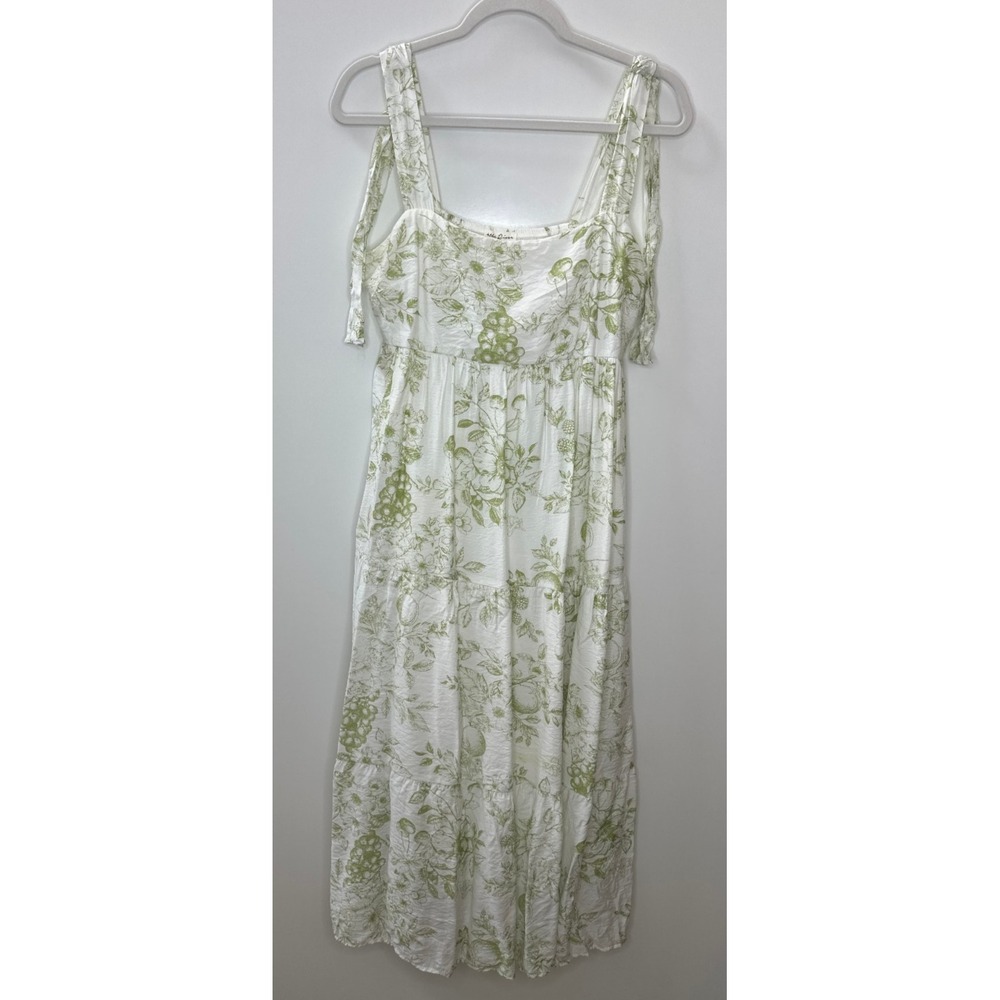 by the River Fruit Blossom Tiered Midi Dress Green Toile Floral Crinkle Large - Picture 15 of 16